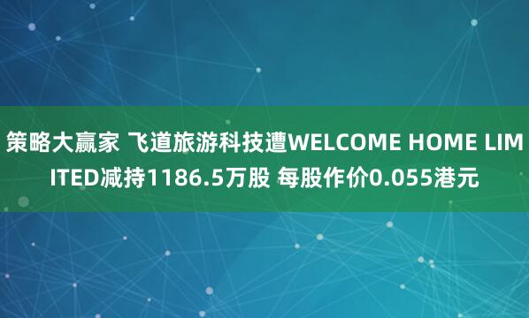 策略大赢家 飞道旅游科技遭WELCOME HOME LIMITED减持1186.5万股 每股作价0.055港元
